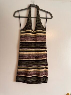 Pull&Bear Striped Halter Mini Dress in Olive, Yellow & Mauve